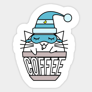 Cat in coffee cup with warped text sleeping blue Sticker